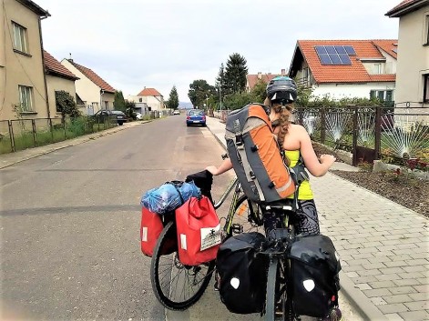 Heavily laden with everything for our independent cycling-camping trip from Prague to Dresden
